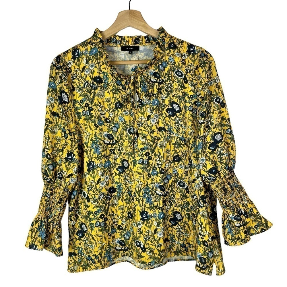 Boutique Le Gali Yellow & Blue Floral Smocked Sleeve Long Sleeve Blouse S